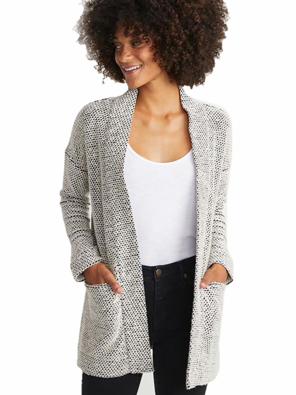 Marine Layer Birdseye Cardigan Longline Knit Textured Cotton Black White Size